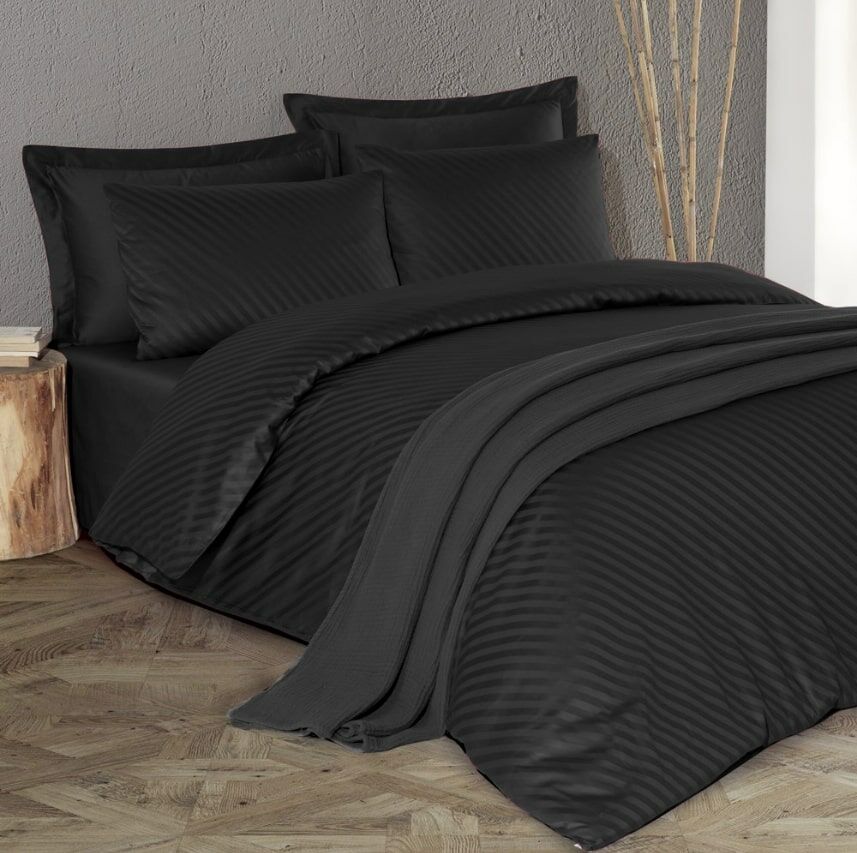 %100 Pamuk Saten Çizgili Verev Jakar  Nevresim Takımı Siyah - King Size - Fitted Çarşaf