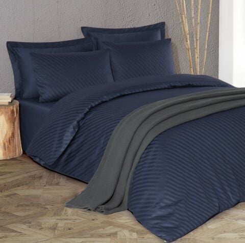 %100 Pamuk Saten Çizgili Verev Jakar  Nevresim Takımı Lacivert - King Size - Fitted Çarşaf