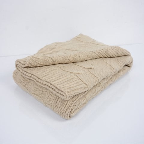 Bej %100 pamuk koltuk şalı 130x170cm çift taraflı örgü battaniye