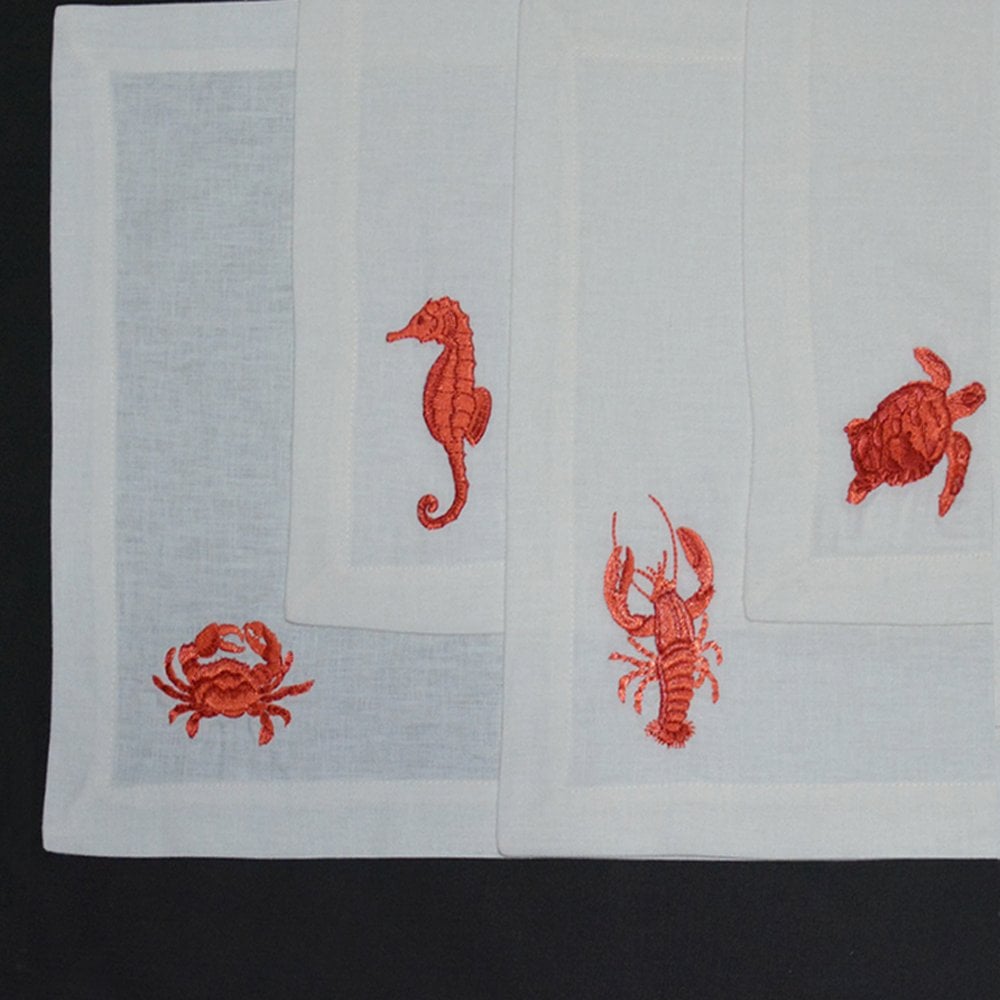 4'lü Deniz Canlıları Nakışlı Keten Pamuk Karışım Amerikan Servis Masa Tekstili