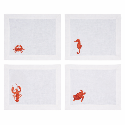 4'Lü Deniz Canlıları Peçete Ekru – Kırmızı - 50x50