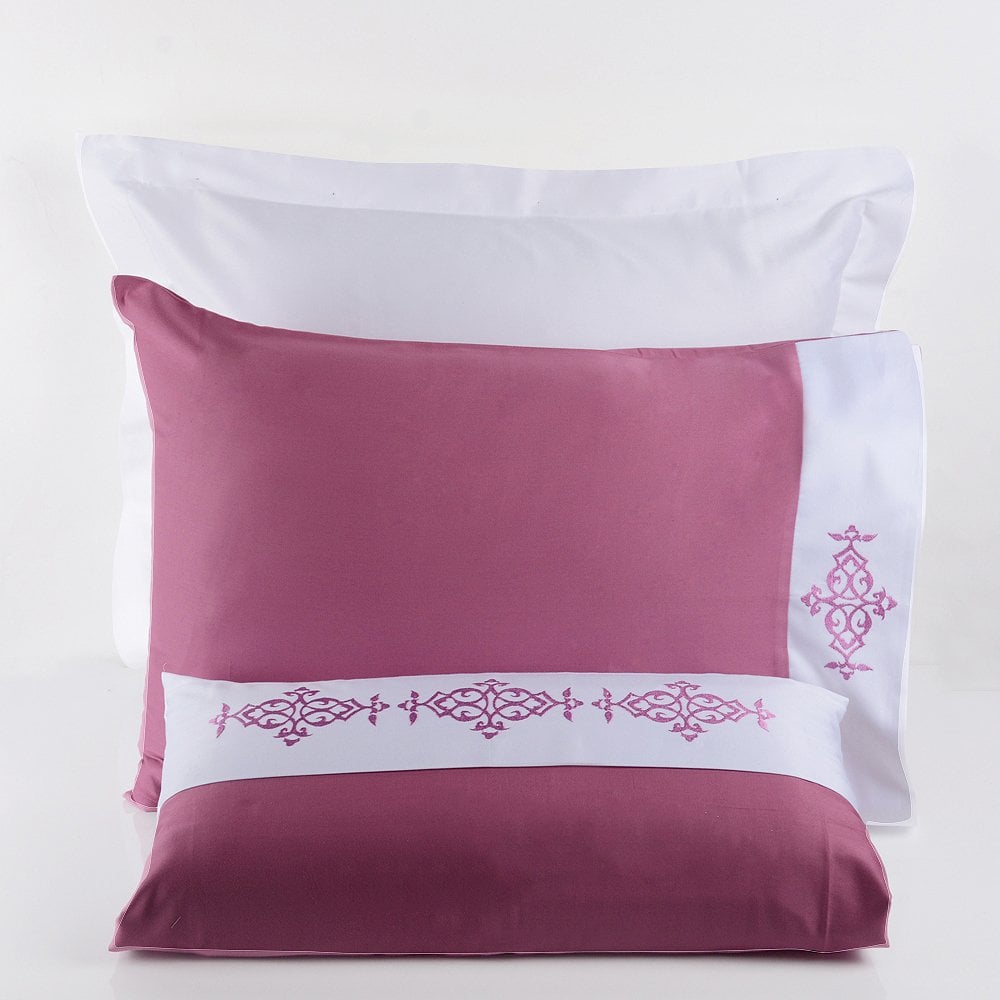 %100 Pamuk Saten Figure Nakış Nevresim Takımı Fuşya - Çift Kişilik - Fitted Çarşaf