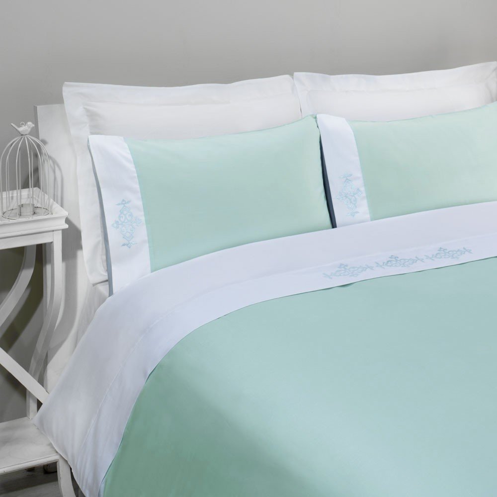%100 Pamuk Saten Figure Nakış Nevresim Takımı Mint - King Size - Düz Çarşaf