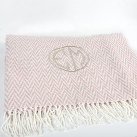 Kişiye Özel Nakışlı Zigzag Skoç Battaniye Bej