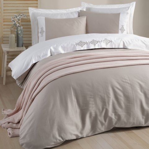 %100 Pamuk Saten Figure Nakış Nevresim Takımı Bej - King Size - Düz Çarşaf