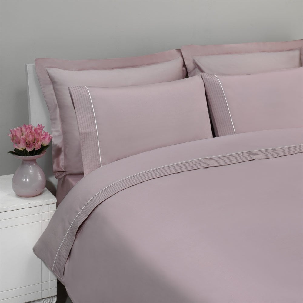 %100 Pamuk Saten Armürlü Biyeli Düz Boya Saten Nevresim Takımı Pembe - Çift Kişilik - Fitted Çarşaf