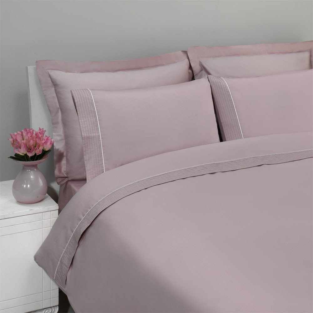%100 Pamuk Saten Armürlü Biyeli Düz Boya Saten Nevresim Takımı Pembe - King Size - Fitted Çarşaf