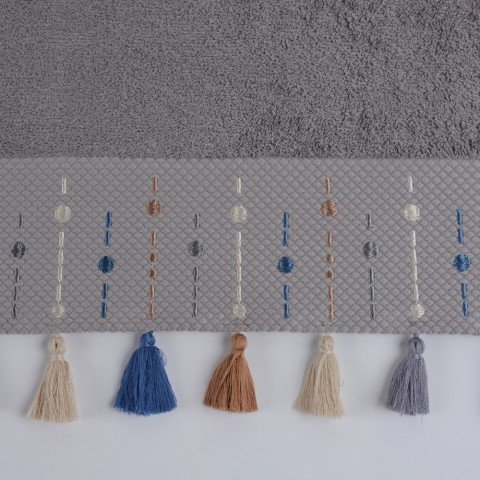 Nakışlı Püsküllü Bambu Havlu Gri - 50x90