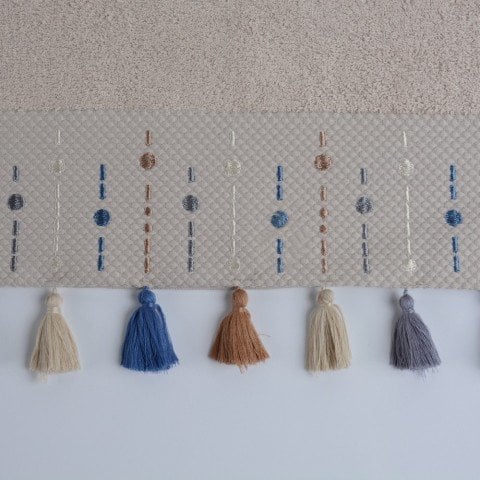 Nakışlı Püsküllü Bambu Havlu Bej - 50x90