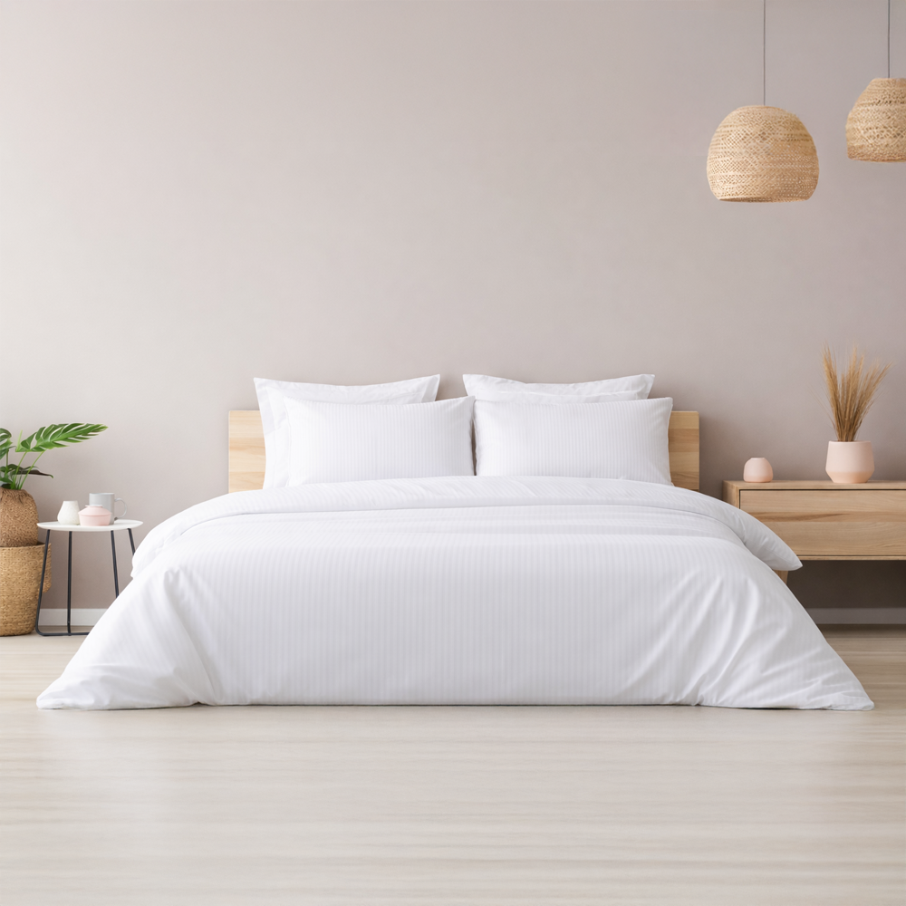 %100 Pamuk Saten Çizgili 0.5cm Saten  Nevresim Takımı Beyaz - King Size - Fitted Çarşaf