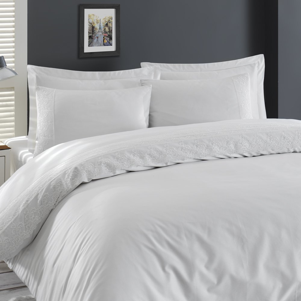 120 Tel İplik %100 Pamuk Saten Dantel Bordur  Nevresim Takımı Beyaz - Çift Kişilik - Düz Çarşaf