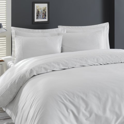 120 Tel İplik %100 Pamuk Saten Dantel Bordur  Nevresim Takımı Beyaz - Çift Kişilik - Fitted Çarşaf