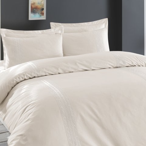 120 Tel İplik %100 Pamuk Saten Yan Dantel  Nevresim Takımı Krem - Çift Kişilik - Düz Çarşaf