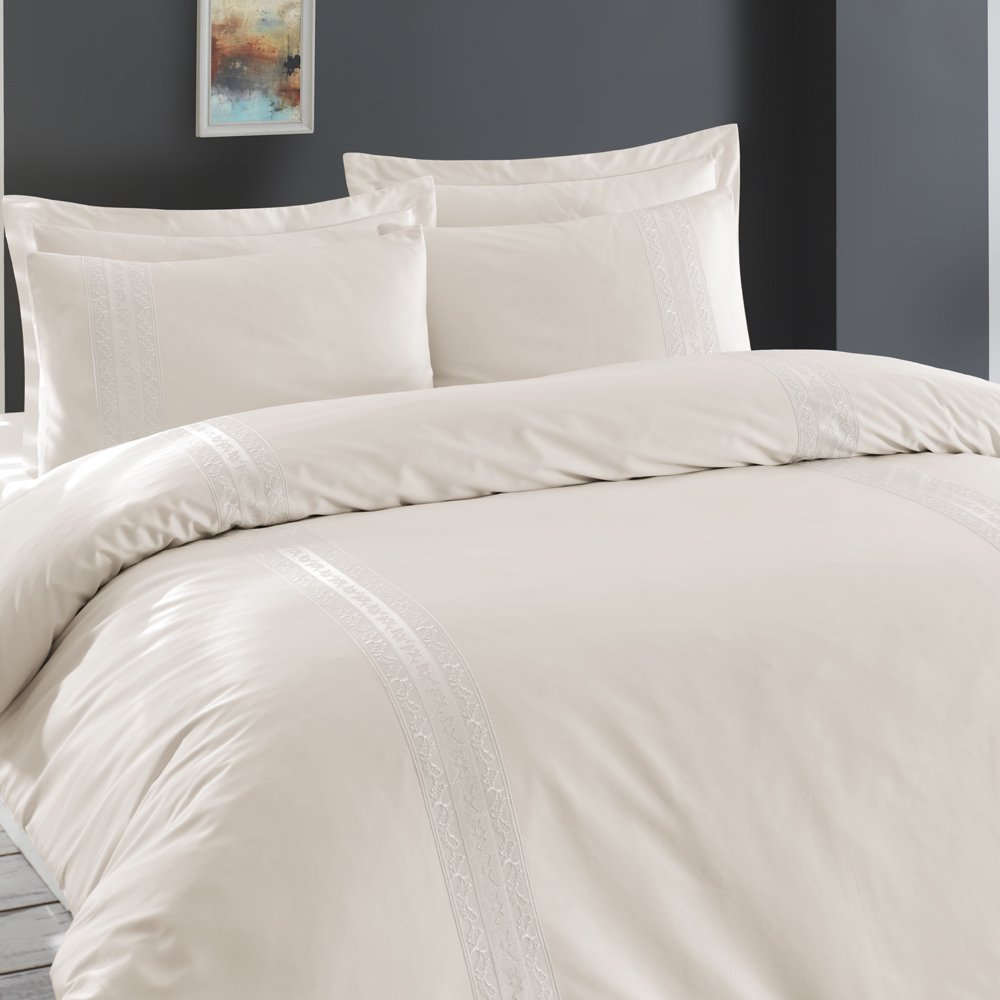 120 Tel İplik %100 Pamuk Saten Yan Dantel  Nevresim Takımı Krem - King Size - Fitted Çarşaf
