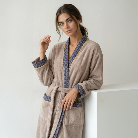 Lacivert Yaka Kimono Bornoz Seti