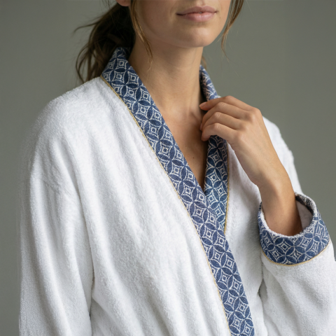 Lacivert Yaka Kimono Bornoz Seti