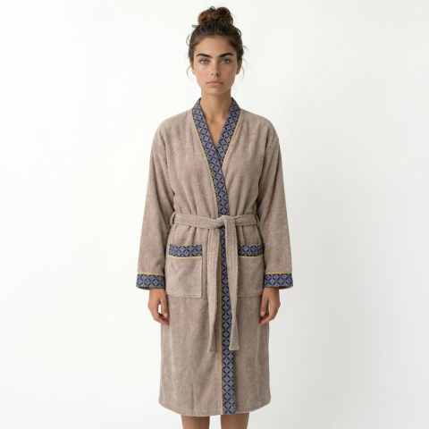 Lacivert Yaka Kimono Bornoz Seti