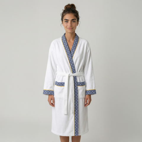 Lacivert Yaka Kimono Bornoz Seti Pamuk Dokuma Ev Tekstili