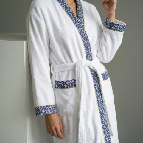 Lacivert Yaka Kimono Bornoz Seti Pamuk Dokuma Ev Tekstili