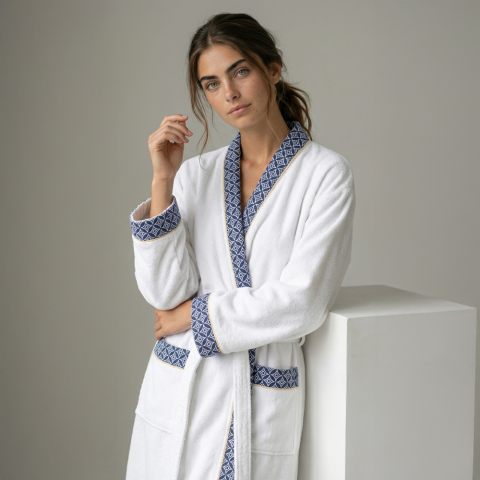 Lacivert Yaka Kimono Bornoz Seti S-M - Beyaz
