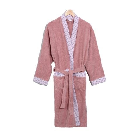 Beyaz Yaka Kimono Bornoz Seti M-L - Pudra