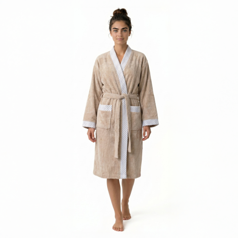 Beyaz Yaka Kimono Bornoz Seti S-M - Bej
