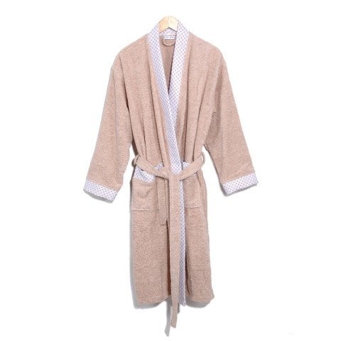 Beyaz Yaka Kimono Bornoz Seti M-L - Bej