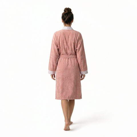 Beyaz Yaka Kimono Bornoz Seti M-L - Pudra