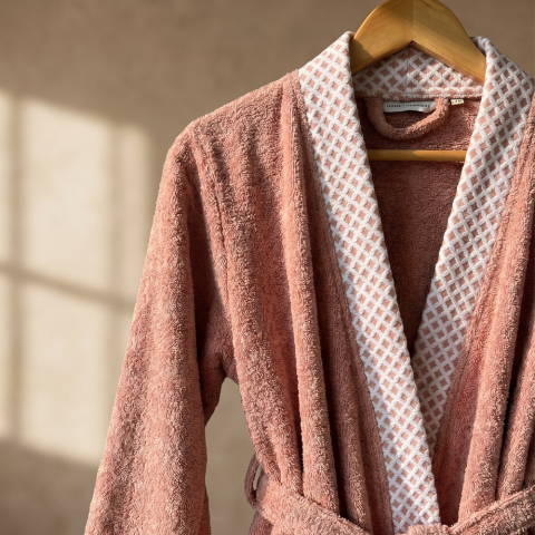 Beyaz Yaka Kimono Bornoz Seti M-L - Pudra