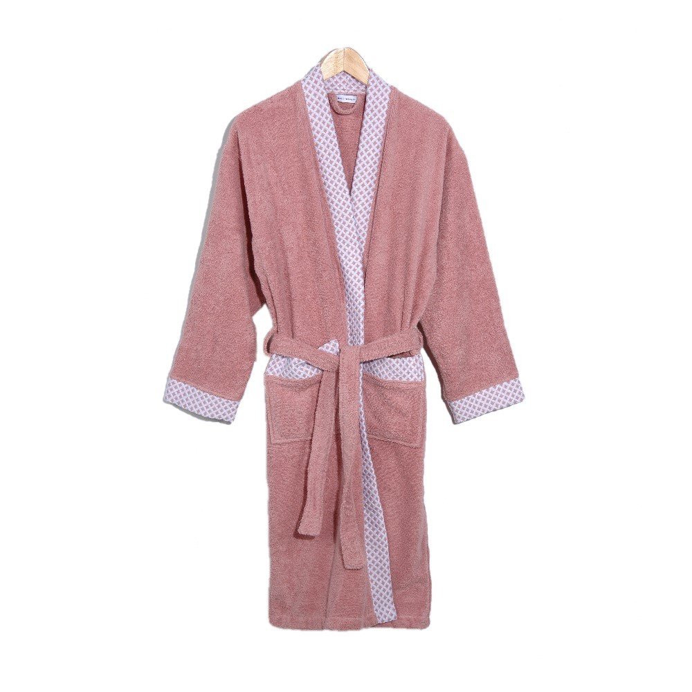 Beyaz Yaka Kimono Bornoz Seti M-L - Pudra