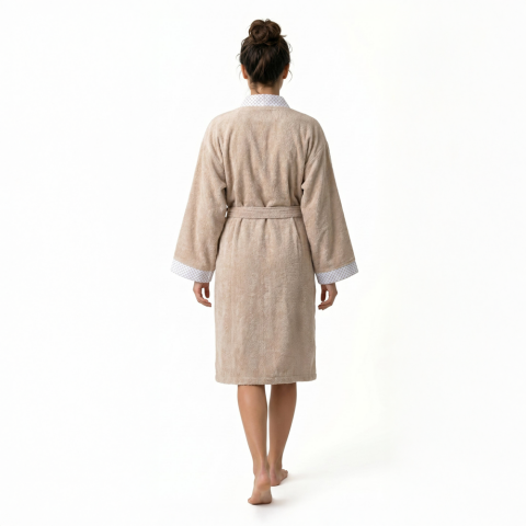 Beyaz Yaka Kimono Bornoz Seti L-XL - Bej