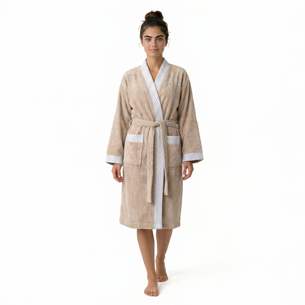 Beyaz Yaka Kimono Bornoz Seti L-XL - Bej