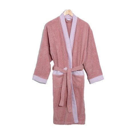 Beyaz Yaka Kimono Bornoz Seti L-XL - Pudra