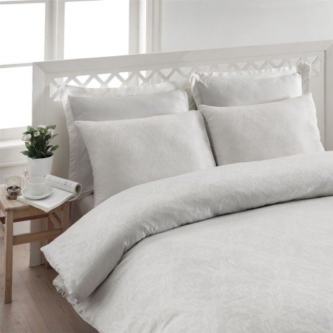 %100 Pamuk Saten Modal Jakar  Nevresim Takımı Beyaz - Çift Kişilik - Düz Çarşaf