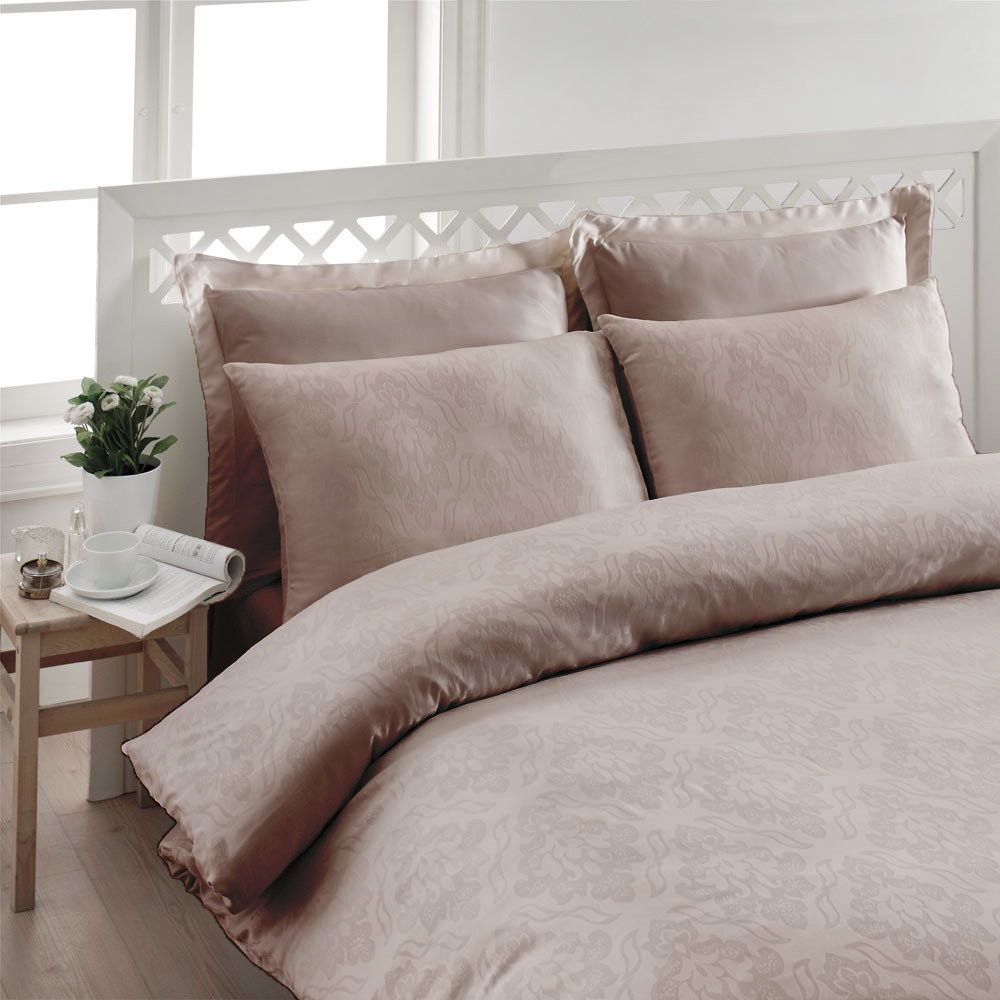 %100 Pamuk Saten Modal Jakar  Nevresim Takımı Bej - Çift Kişilik - Fitted Çarşaf