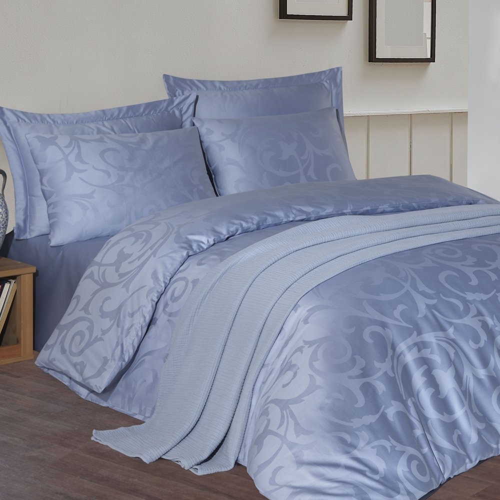 %100 Pamuk Saten Mate Jakarlı Saten  Nevresim Takımı Mavi - Çift Kişilik - Düz Çarşaf