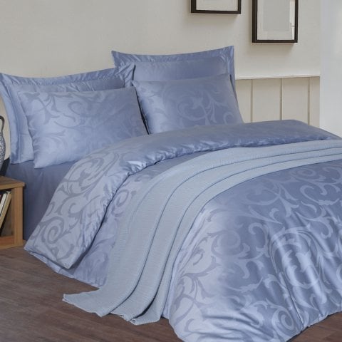 %100 Pamuk Saten Mate Jakarlı Saten  Nevresim Takımı Mavi - Çift Kişilik - Fitted Çarşaf