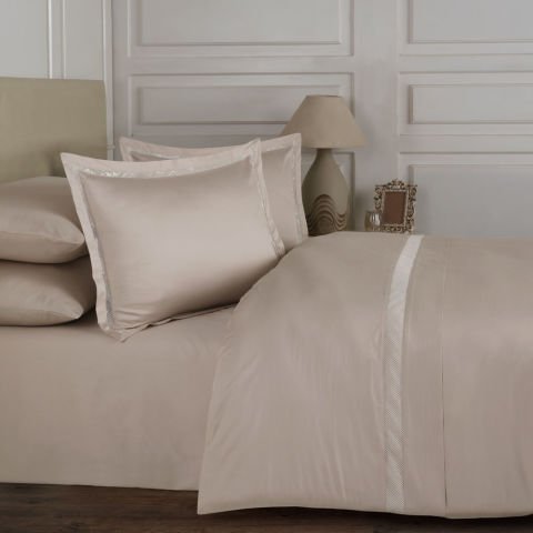 %100 Pamuk Saten Paris Güpür Nevresim Takımı Bej - King Size - Düz Çarşaf