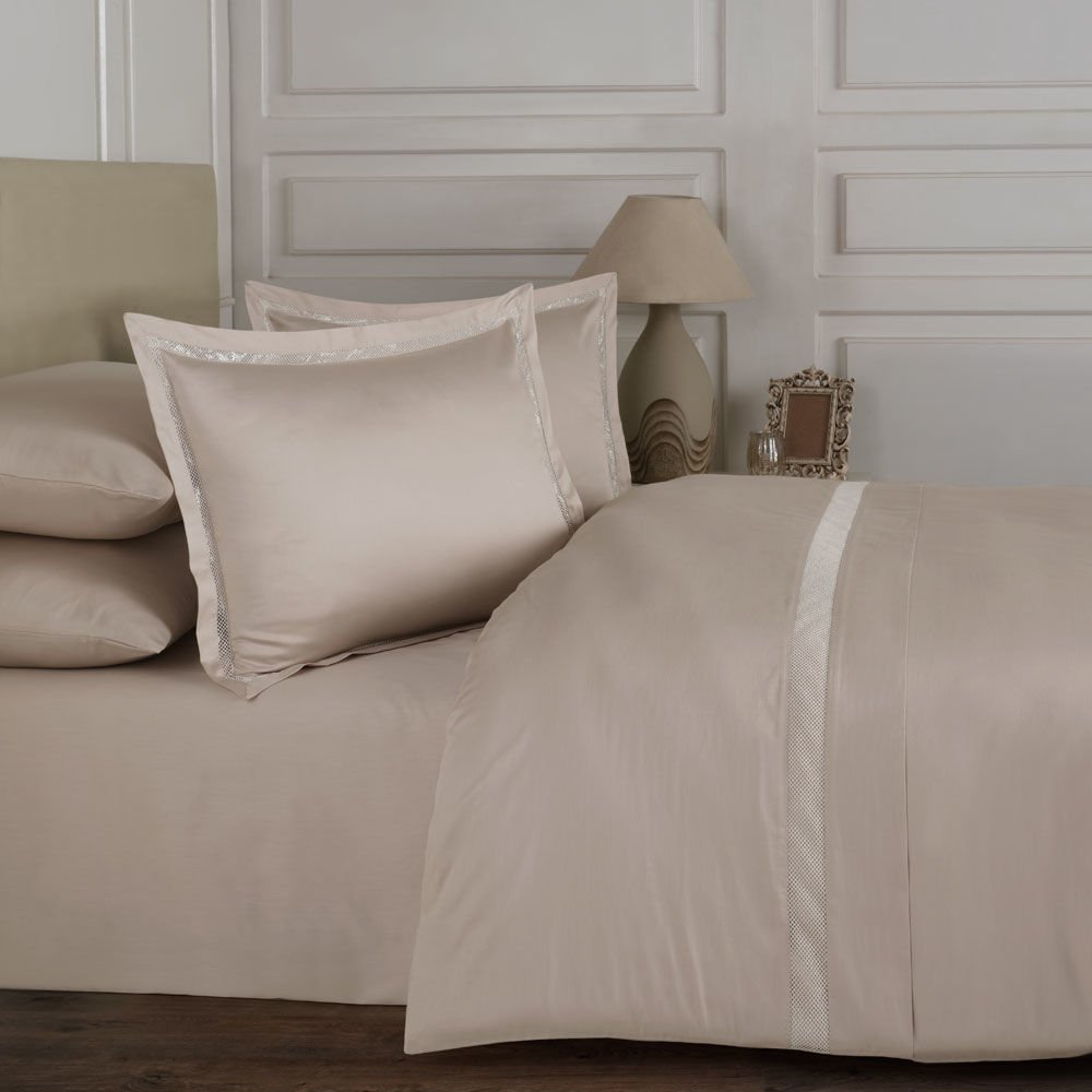 %100 Pamuk Saten Paris Güpür Nevresim Takımı Bej - King Size - Fitted Çarşaf