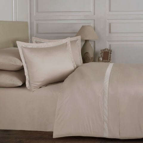 %100 Pamuk Saten Paris Güpür Nevresim Takımı Bej - King Size - Fitted Çarşaf