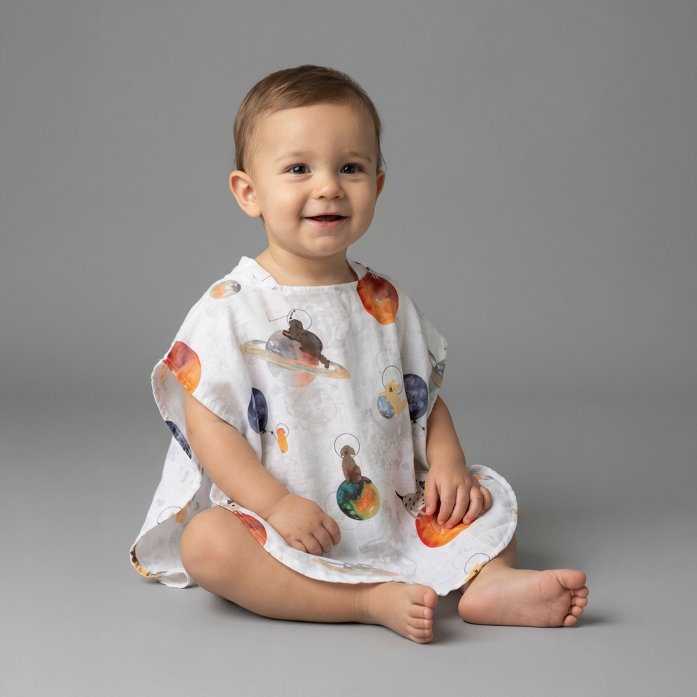 Galaxy Cat Desenli Organik Çift Kat Müslin Çocuk Panço Home Harmony Kids
