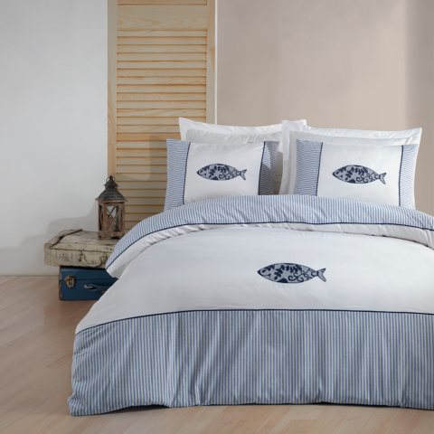 %100 Pamuk Saten Balıklı Nakışlı Saten Nevresim Takımı