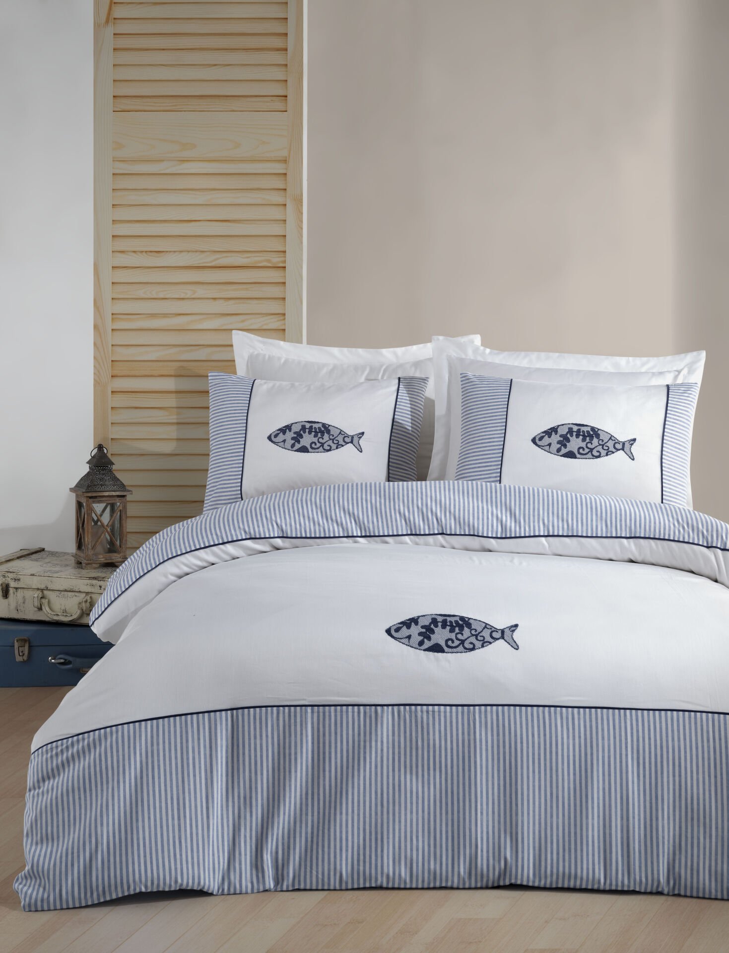 %100 Pamuk Saten Balıklı Nakışlı Saten Nevresim Takımı Beyaz - Tek Kişilik - Düz Çarşaf