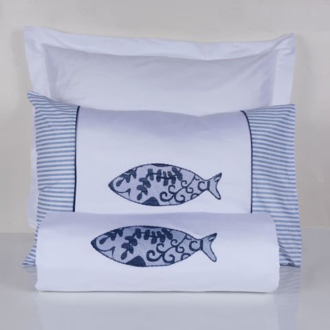 %100 Pamuk Saten Balıklı Nakışlı Saten Nevresim Takımı Beyaz - Tek Kişilik - Düz Çarşaf