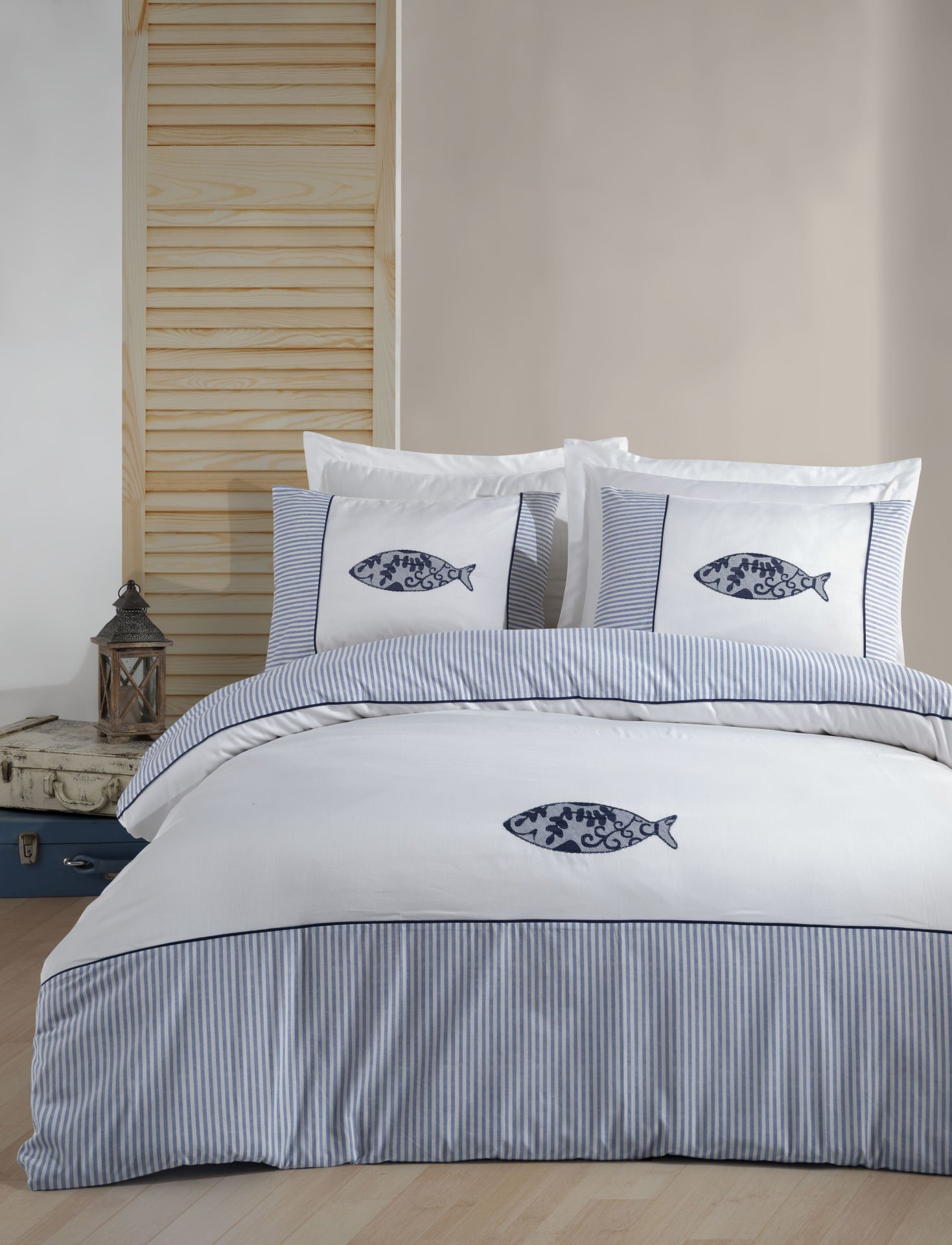 %100 Pamuk Saten Balıklı Nakışlı Saten Nevresim Takımı Beyaz - Tek Kişilik - Fitted Çarşaf