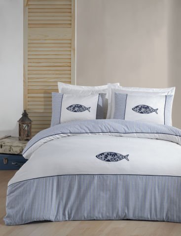 %100 Pamuk Saten Balıklı Nakışlı Saten Nevresim Takımı Beyaz - Tek Kişilik - Fitted Çarşaf