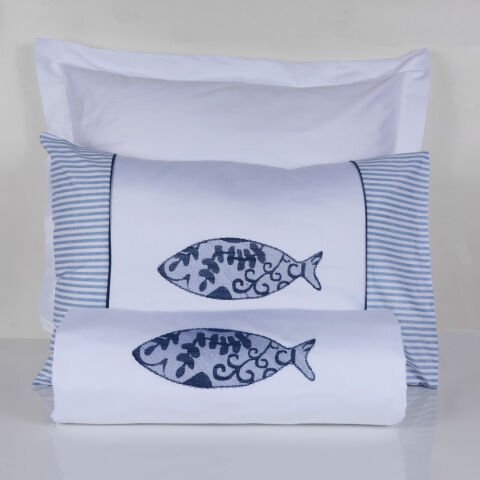 %100 Pamuk Saten Balıklı Nakışlı Saten Nevresim Takımı Beyaz - Tek Kişilik - Fitted Çarşaf