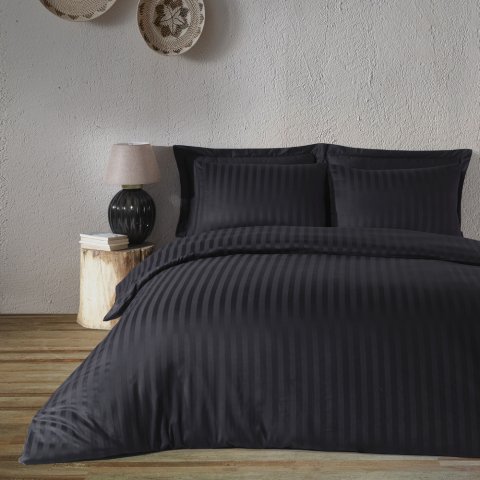 %100 Pamuk Saten Çizgili Saten  Nevresim Takımı Siyah - King Size - Fitted Çarşaf