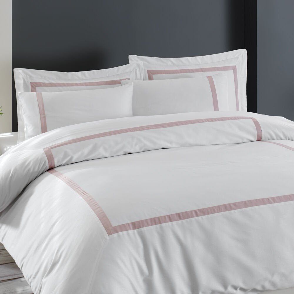 80 Tel %100 Pamuk Saten Vale  Nevresim Takımı Pudra - King Size - Fitted Çarşaf