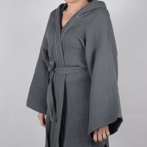 Kapüşonlu Müslin Bornoz Antrasit